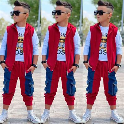 Yelekli 3lü Jean Detay Takım-Kırmızı(3-12yaş)