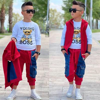 Yelekli 3lü Jean Detay Takım-Kırmızı(3-12yaş)