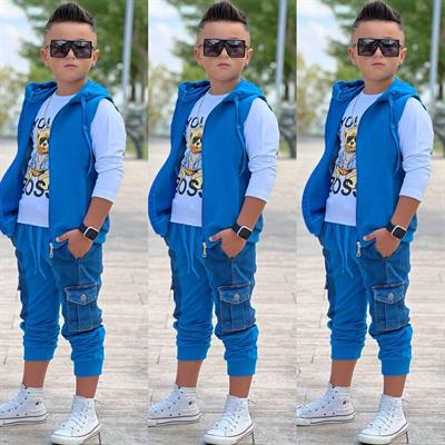 Yelekli 3lü Jean Detay Takım-Mavi(3-12yaş)