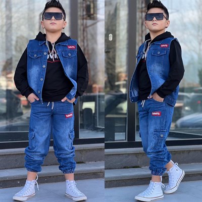 Yelekli 3lü Jean Takım-Siyah (3-12yaş)