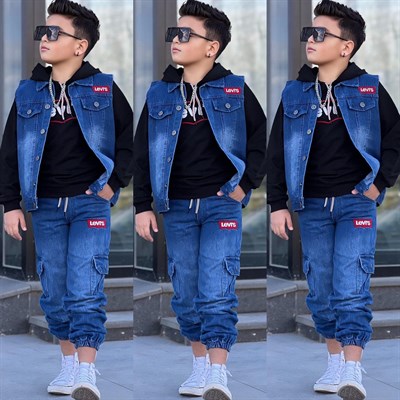 Yelekli 3lü Jean Takım-Siyah (3-12yaş)