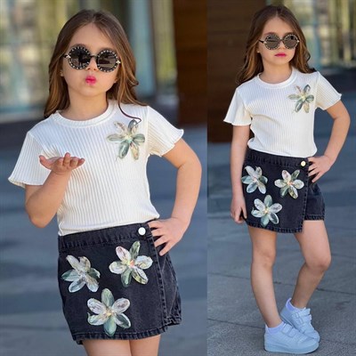 Zambak Detay Şort Etekli Takım - Yeşil (3-10yaş)