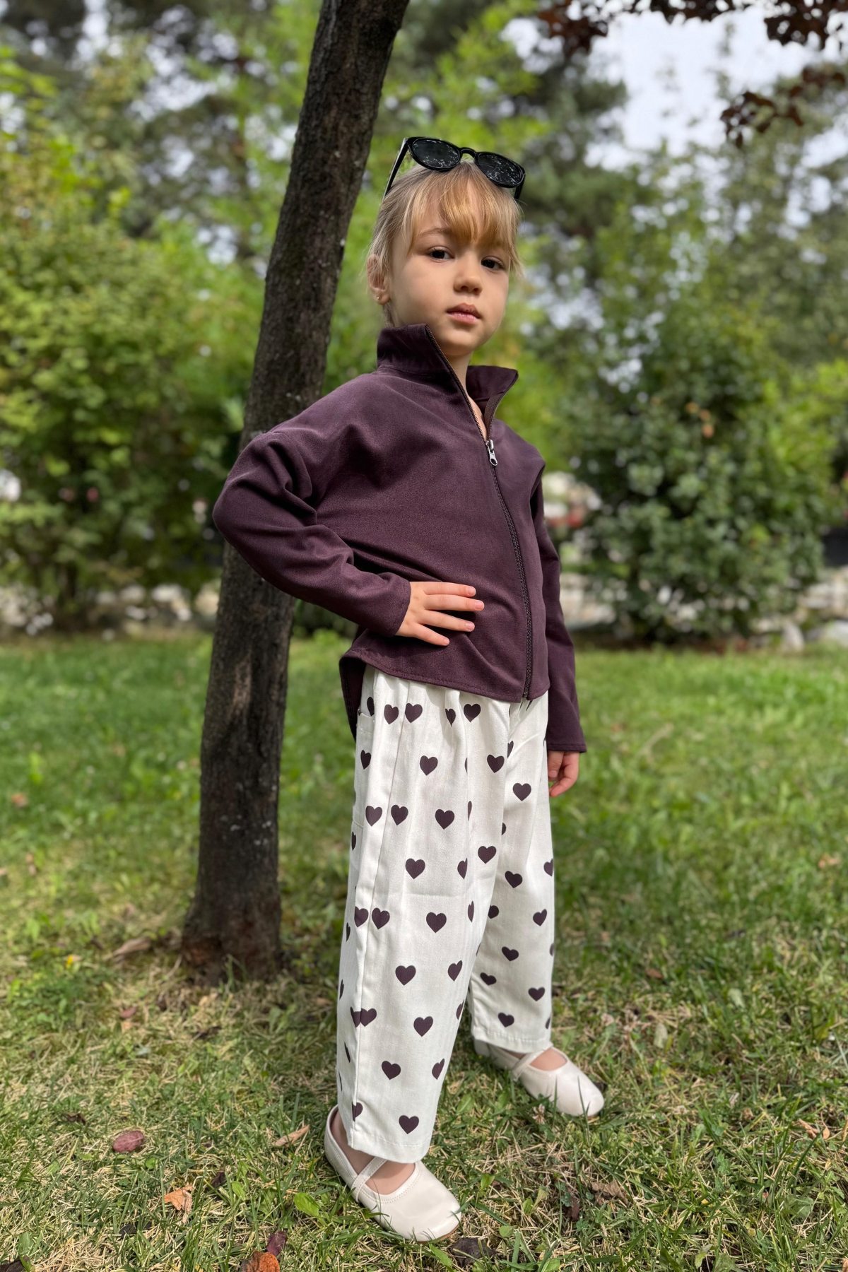 Süet Ceketli Kalp Detay Takım-Mürdüm(3-10 yaş aralığı)