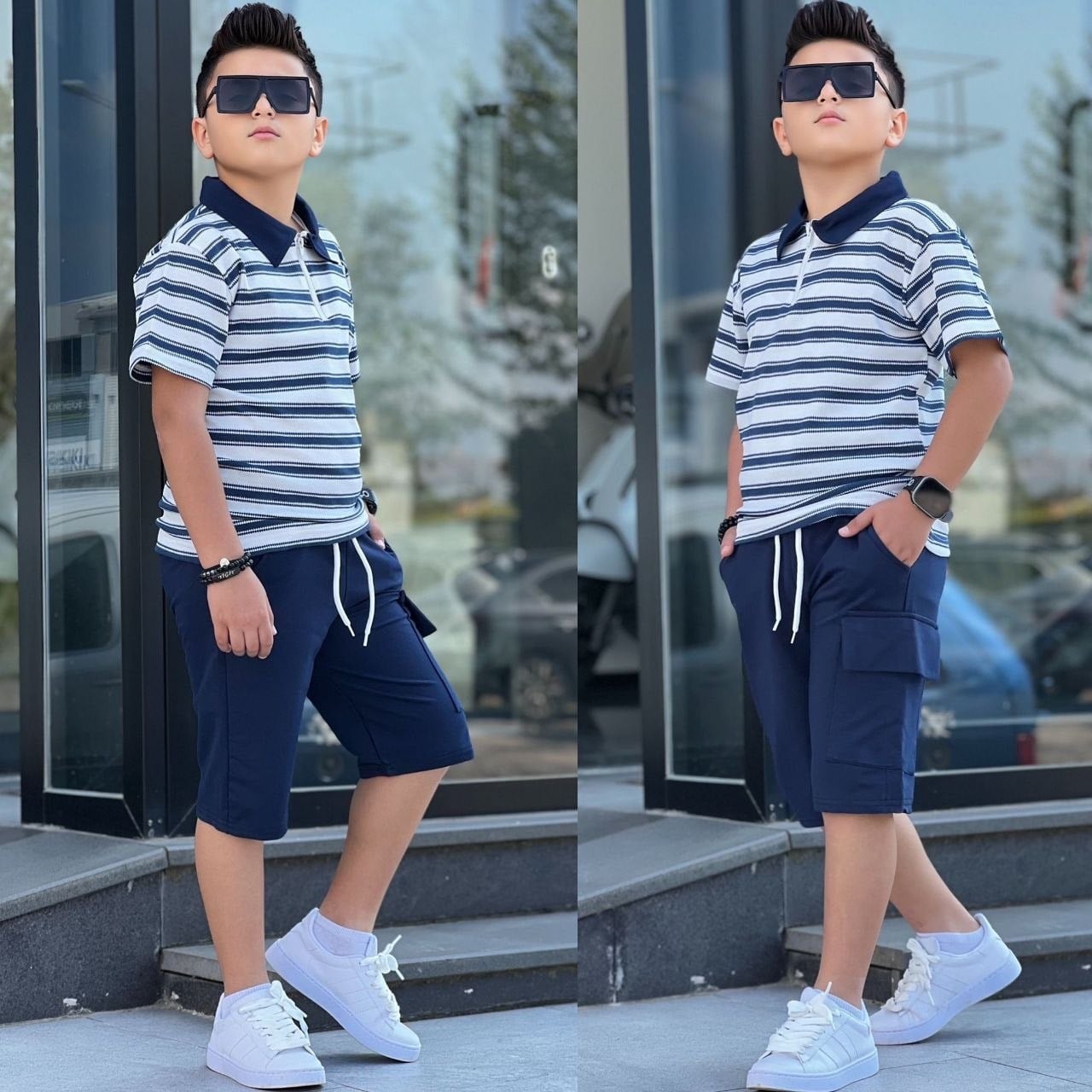  Yaka Detay Tarz 2 li Şortlu Takım-Mavi(8-16 yaş aralığı)