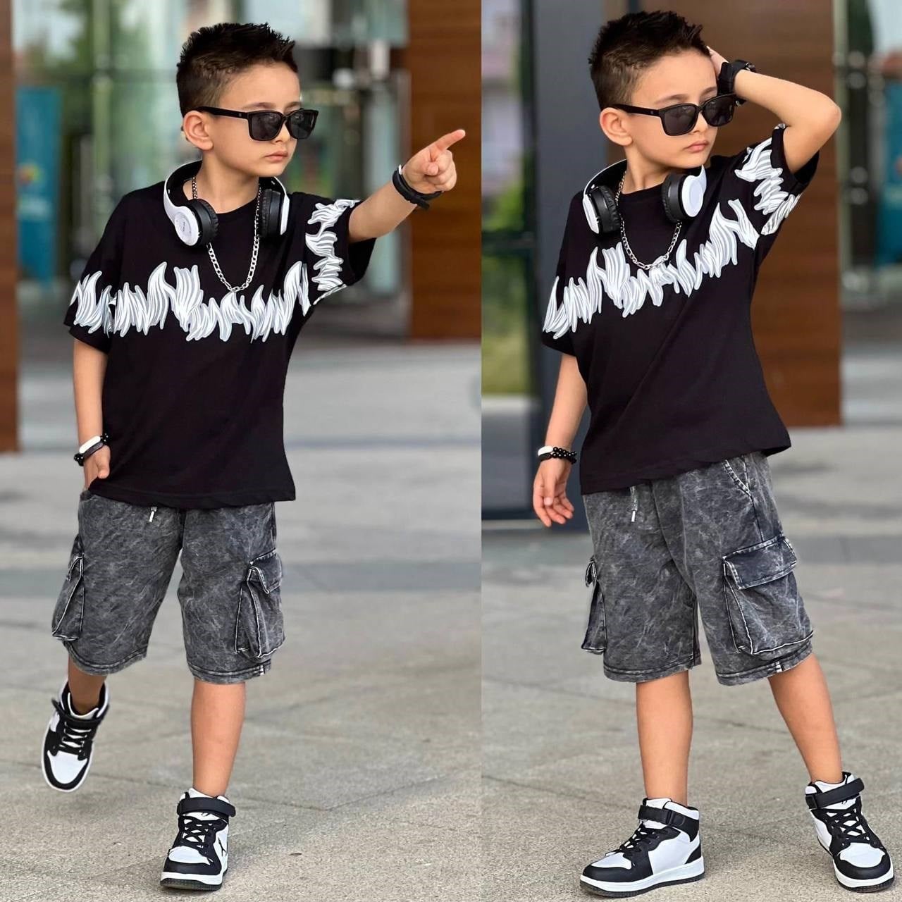 Alev Desenli Şortlu Takım - Siyah (4-12Yaş)