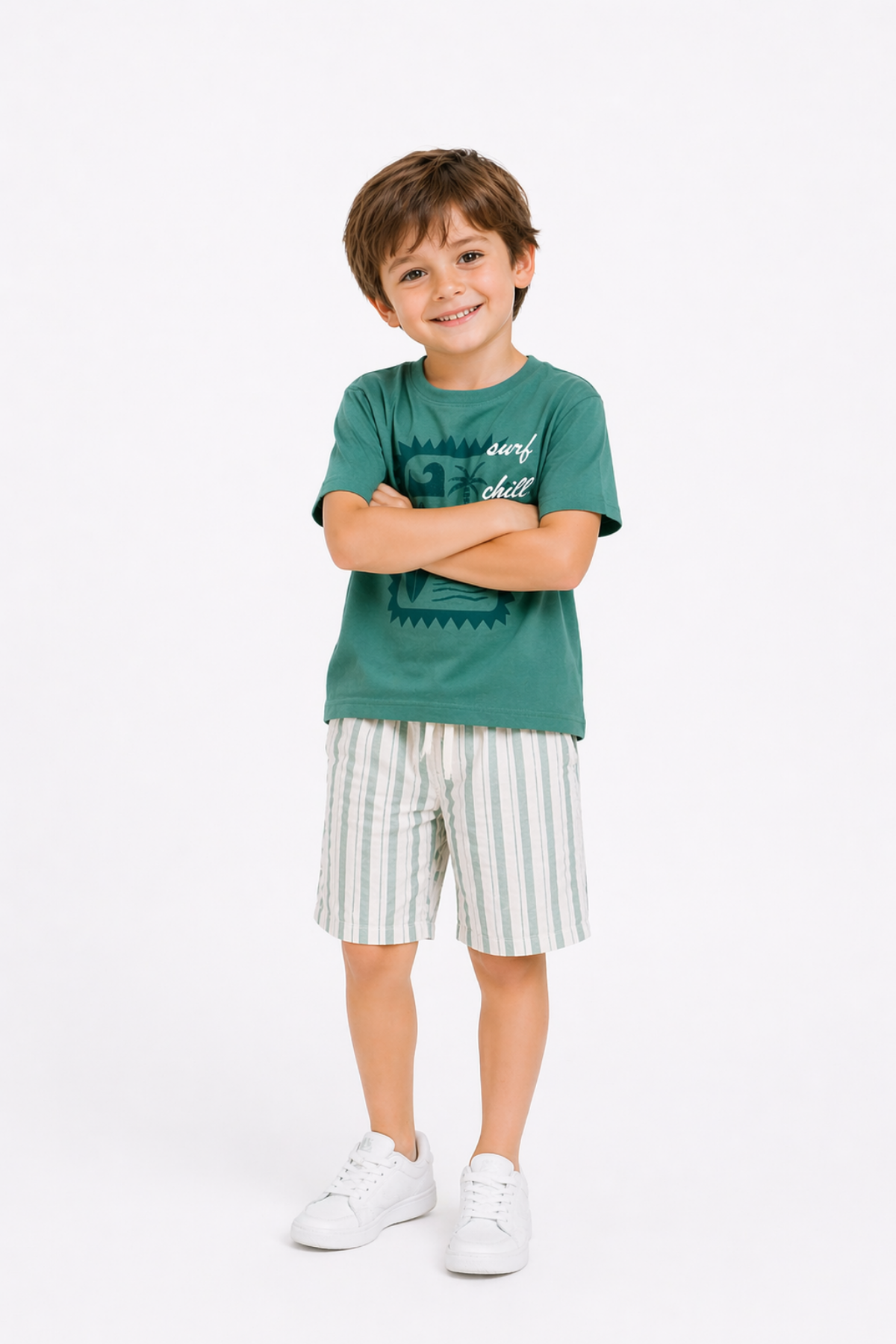 Chill Baskılı Dokuma Şort Takım (7020) - Yeşil (4-12Yaş)