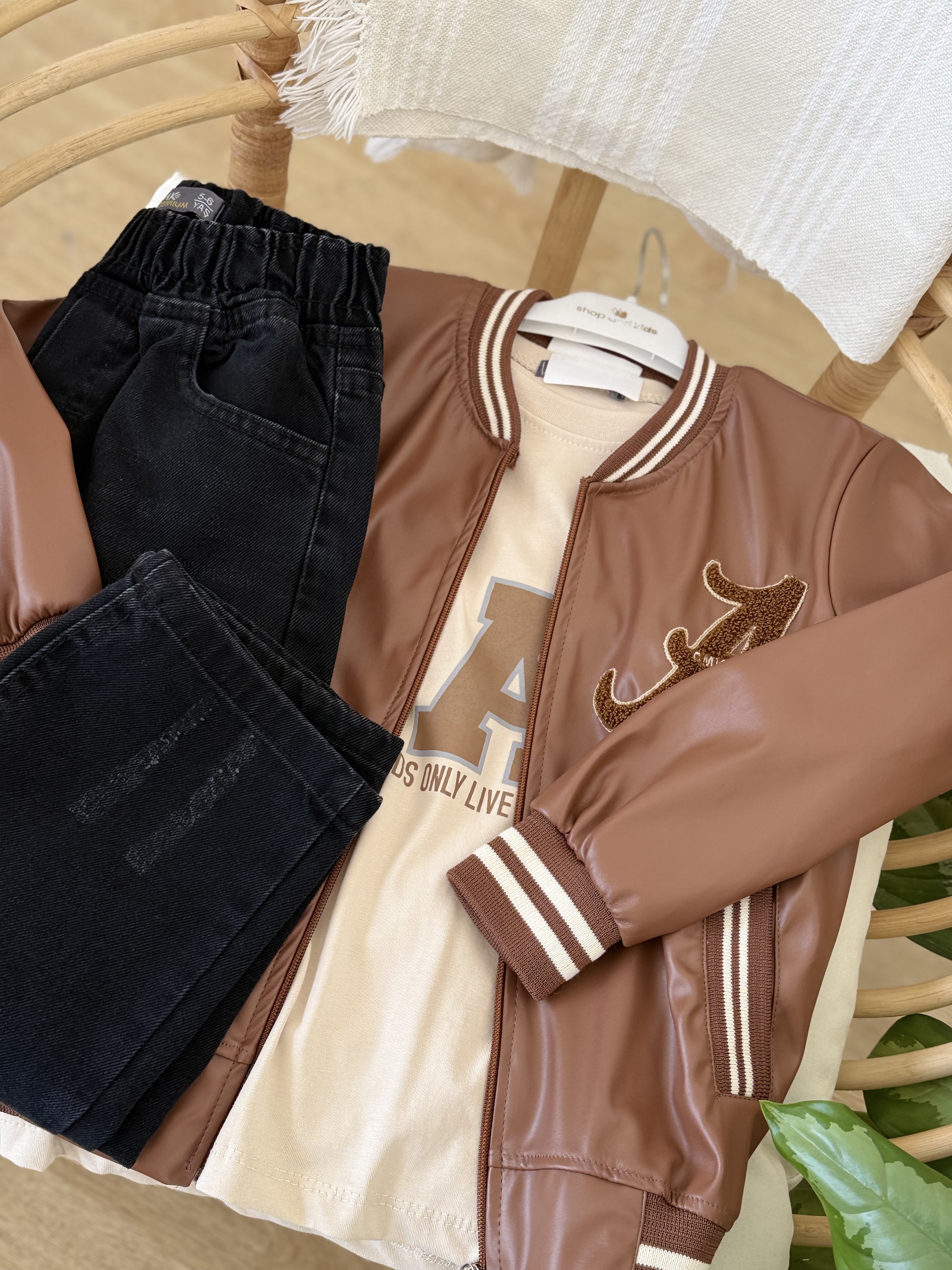 Deri Ceketli 3'lü Takım-Taba (5-12yaş)