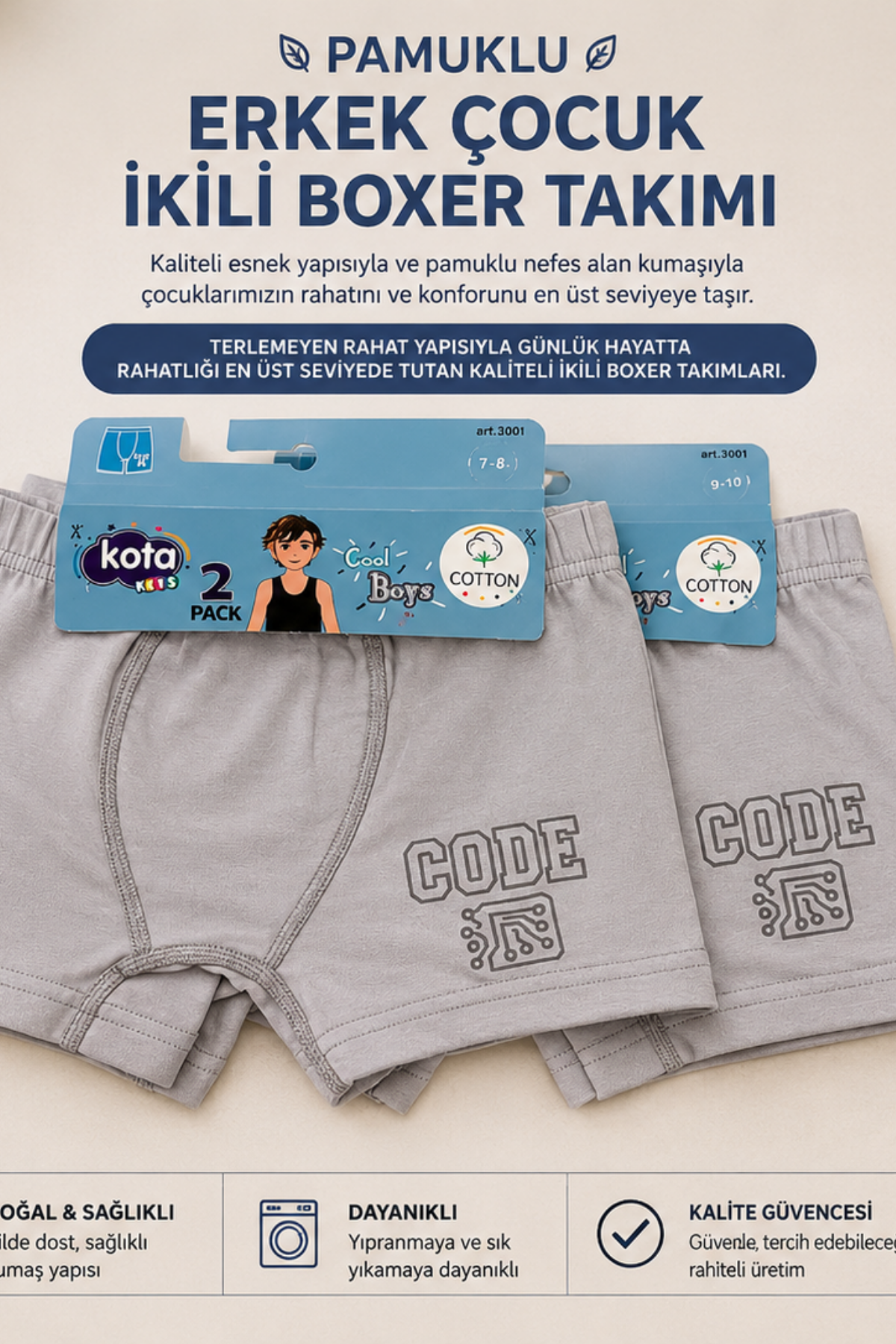 Erkek Çocuk Boxer 2'li- Koyu Gri (7-12 yaş aralığı)