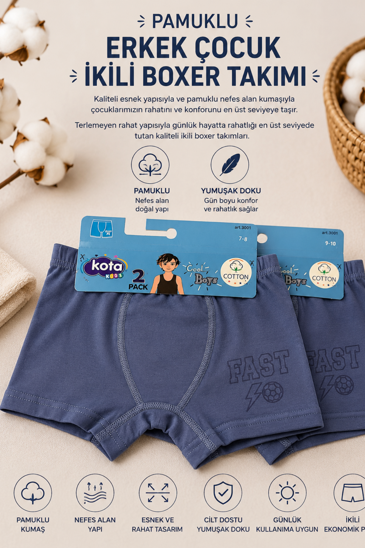 Erkek Çocuk Boxer 2'li- Koyu Mavi (7-12 yaş aralığı)