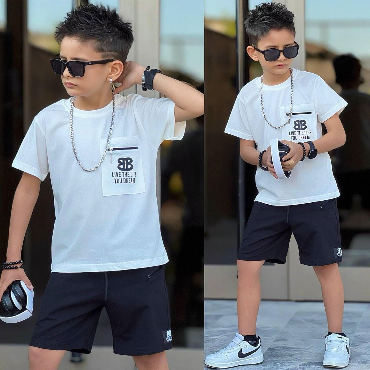 Fermuarlı Şortlu Takım - Siyah Beyaz (5-14Yaş)