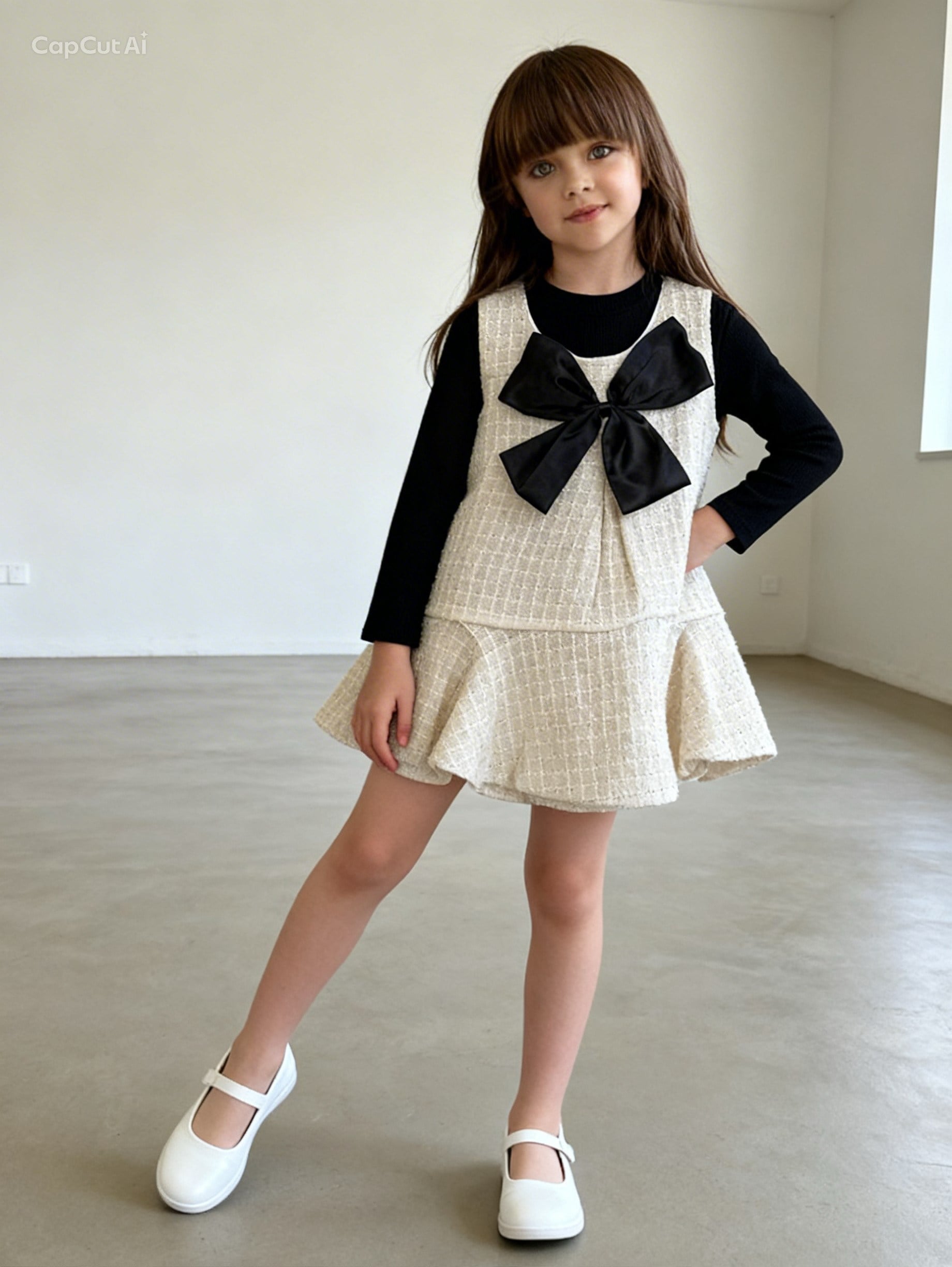 Fiyonk Detay Elbise Tshırt  Takım -Krem(2-6)