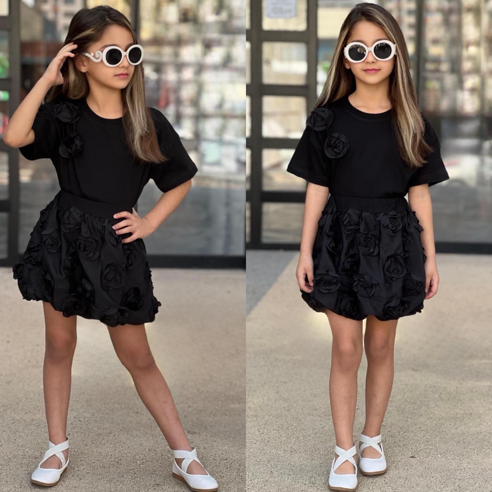 Güllü Balon Etekli Takım - Siyah (4-12yaş)