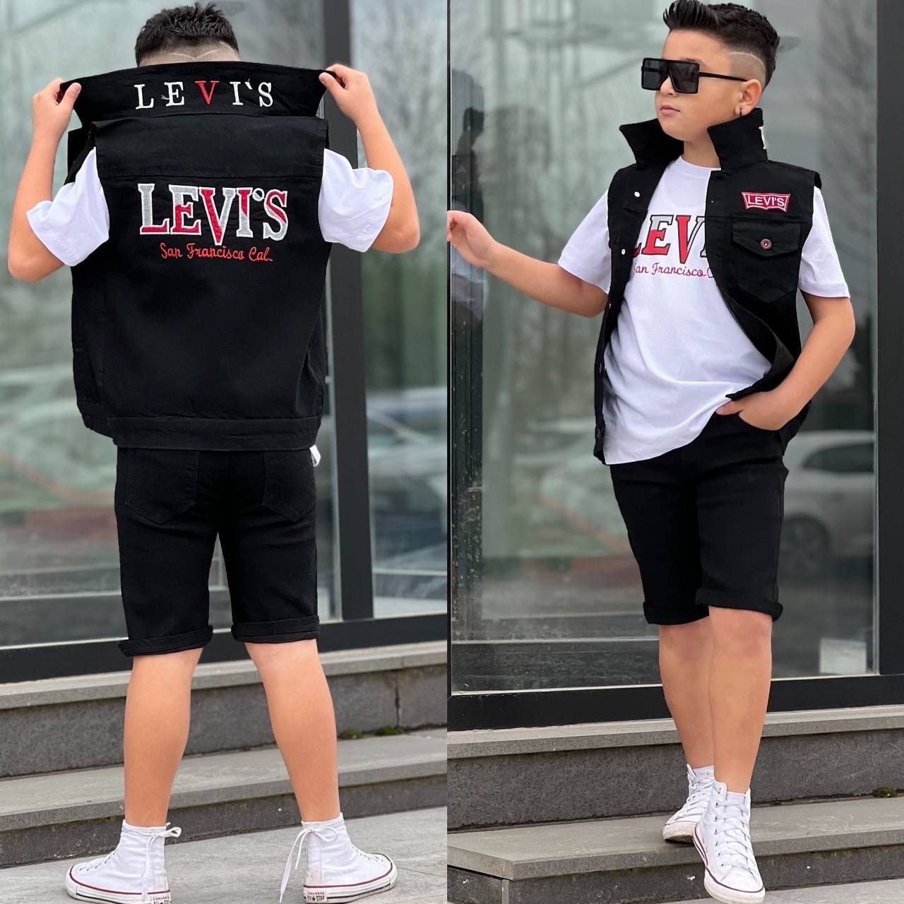 Jean 3 Parça Yelekli Şortlu Takım - Siyah (3-12Yaş)