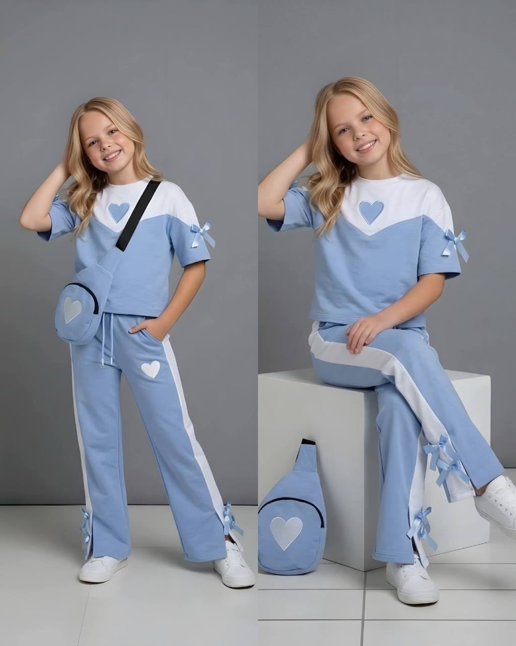 Kalp Detay Çantalı Kısa Kol Takım-Mavi (4-16 yaş)