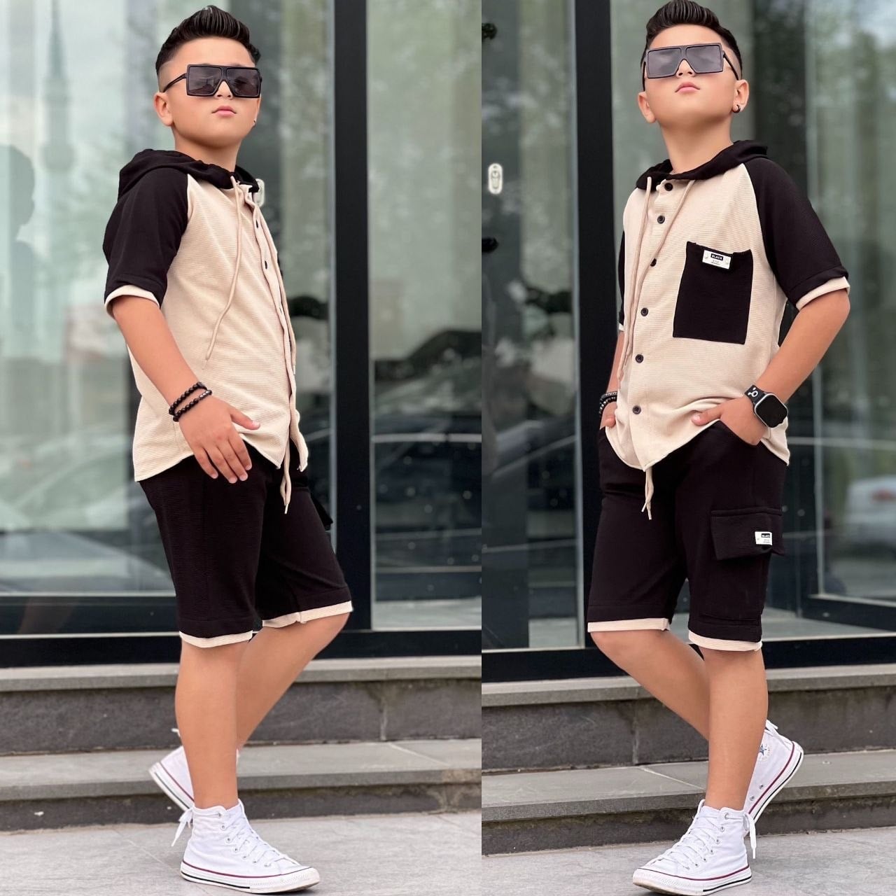 Kapüşonlu Cep Detay Şortlu Takım - Siyah (8-16 yaş aralığı)