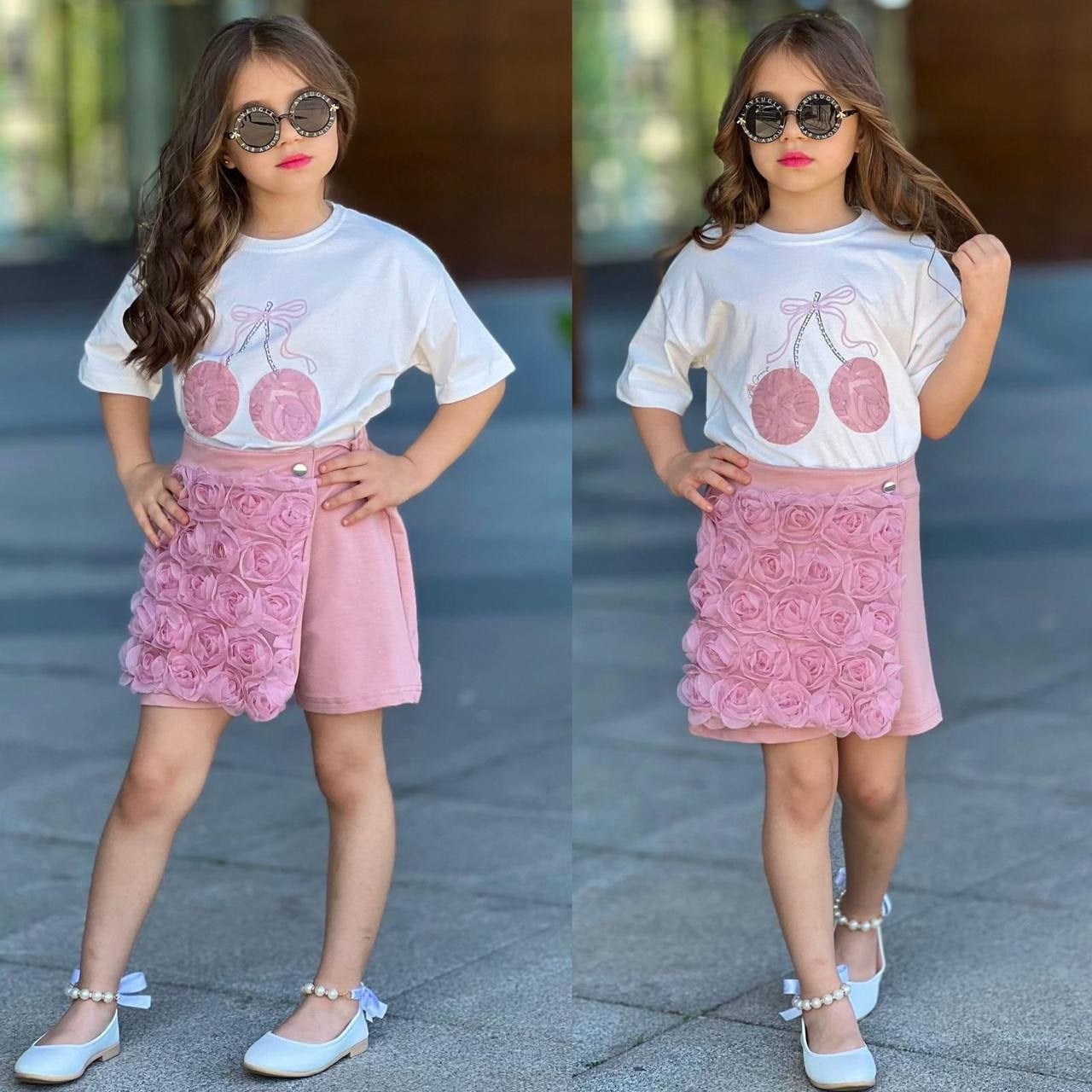 Kiraz Baskılı Takım - Pudra (3-10yaş)