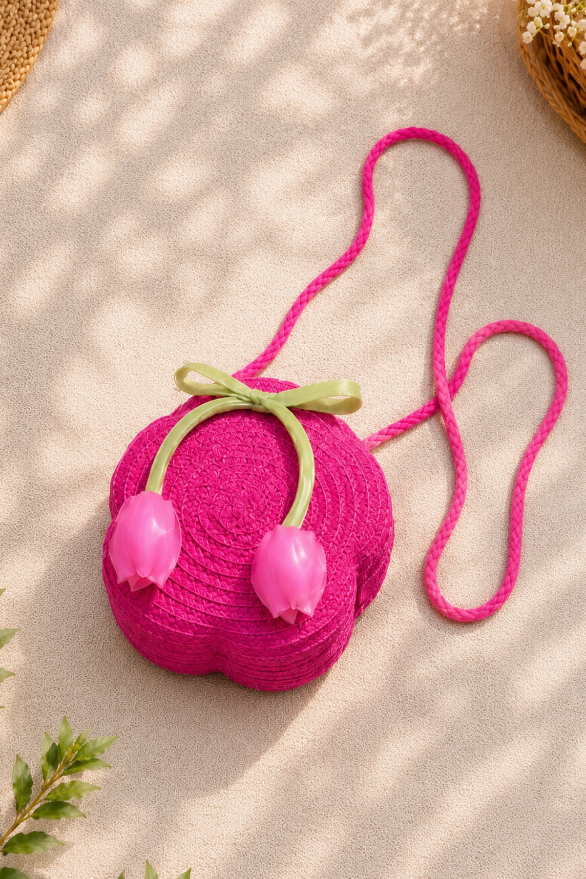 Kız Çocuk Lale Hasır Çanta - Fuşya