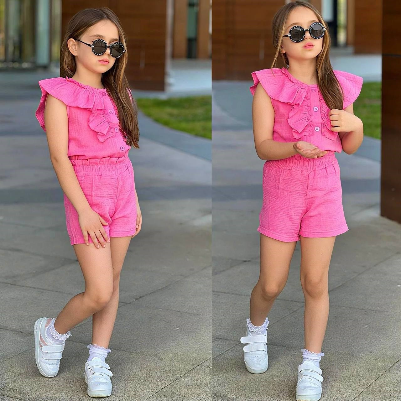 Müslin Fırfır Gömlekli Şortlu Takım - Pembe (3-10yaş)