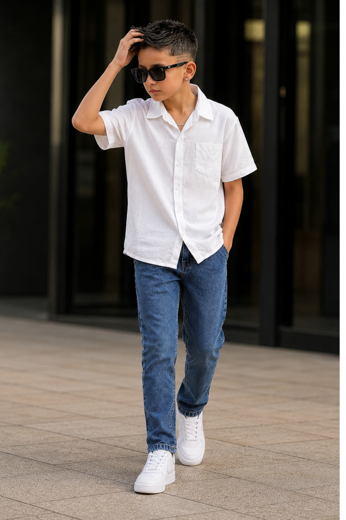Müslin Gömlekli Denim Pantolonlu Takım - Beyaz (11-15yaş aralığı)