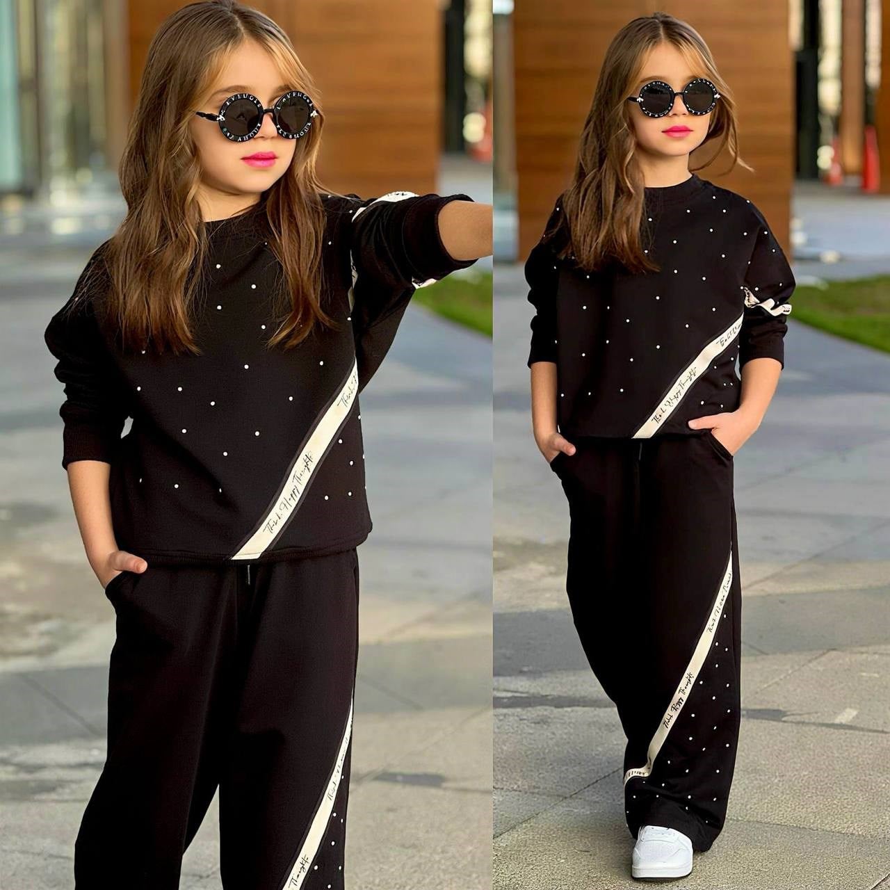 Think Taşlı Şeritli Takım-Siyah  (5-14 yaş)