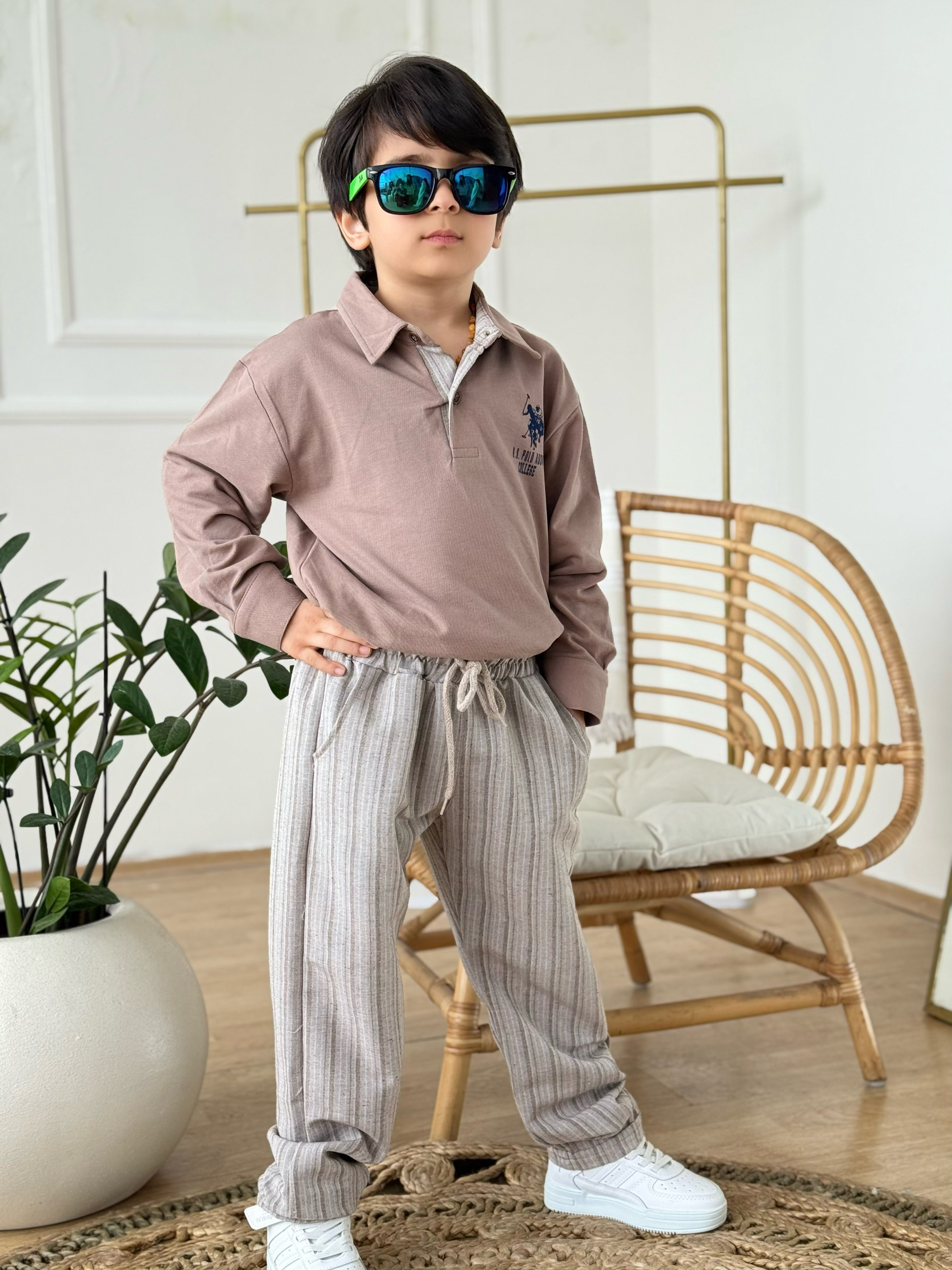 Yakalı Marka Detay Keten Pantolonlu Takım-Bej 3 yaş-12 yaş)