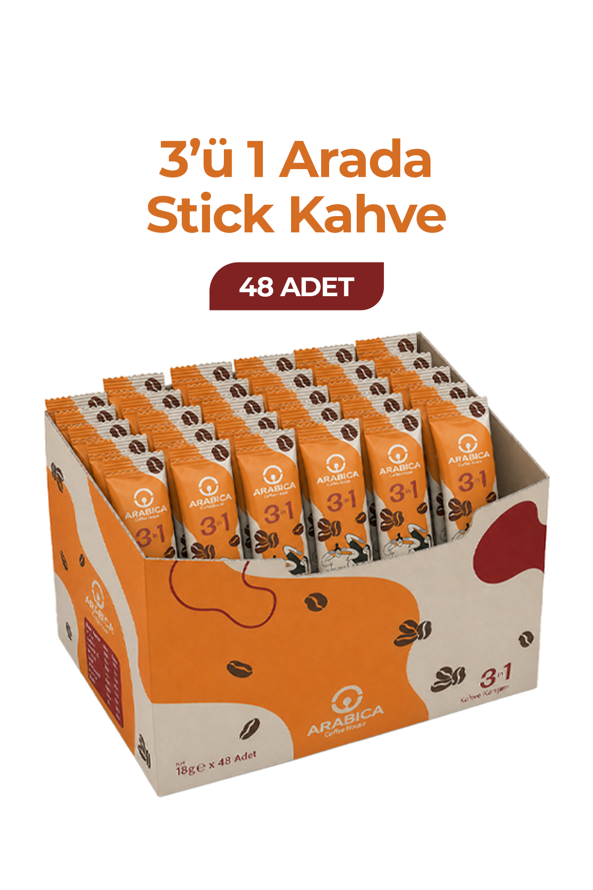 Arabica Coffee House 3'ü 1 Arada Nitelikli Stick Kahve 18 gr x 48 Adet | Barista Karışımı | Pratik Hazır Kahve