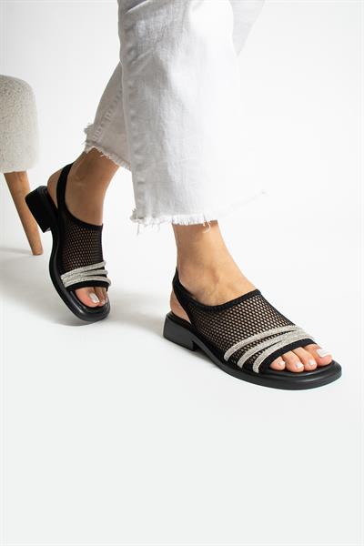 LUNA ŞIK FİLE TAŞ DETAYLI ÖZENLE TASARLANMIŞ SANDALET- SİYAH 