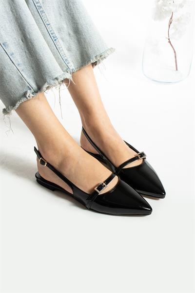 Mila Siyah Rugan Taşlı Toka Detay Kadın Babet