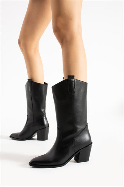 Zoe Siyah Deri Orta Topuklu Şık Kadın Bot