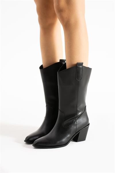 Zoe Siyah Deri Orta Topuklu Şık Kadın Bot