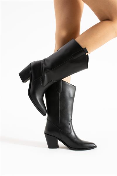 Zoe Siyah Deri Orta Topuklu Şık Kadın Bot