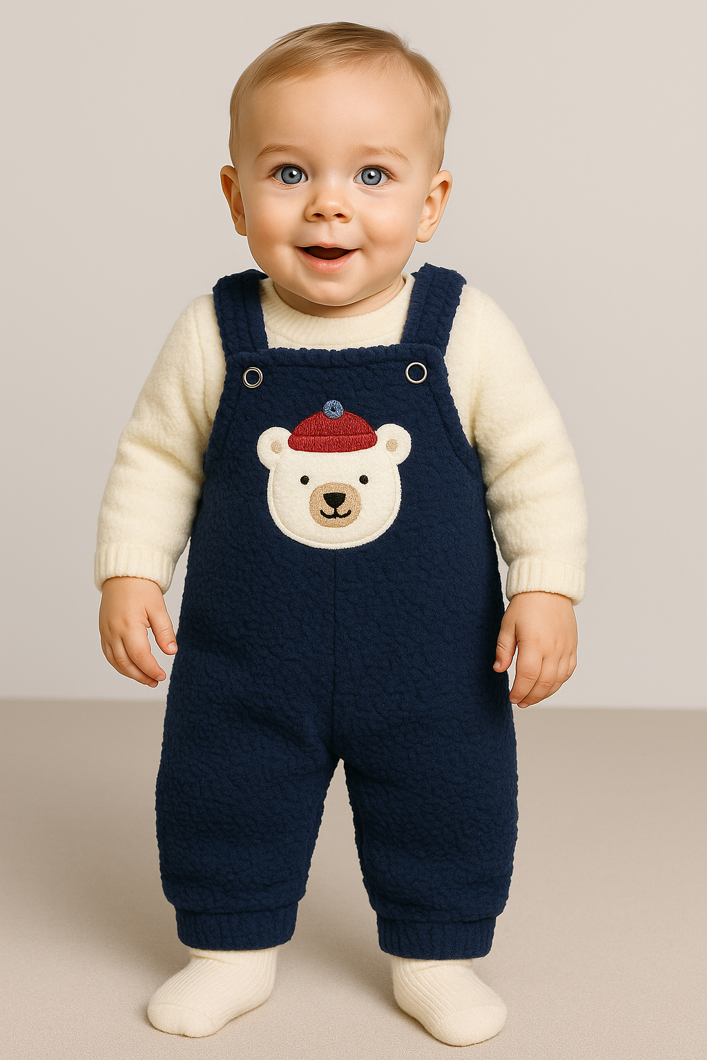 Ayı Nakışlı Kışlık Peluş Welsoft Bebek Tulum-Lacivert