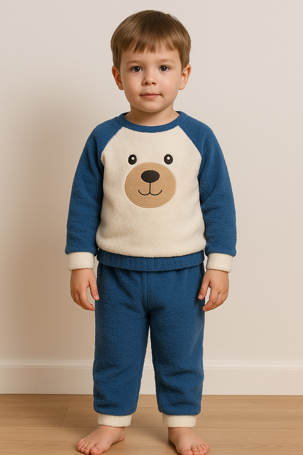 Ayıcık Nakışlı Bebek&Çocuk Kışlık Peluş Welsoft Alt Üst Takım-Mavi