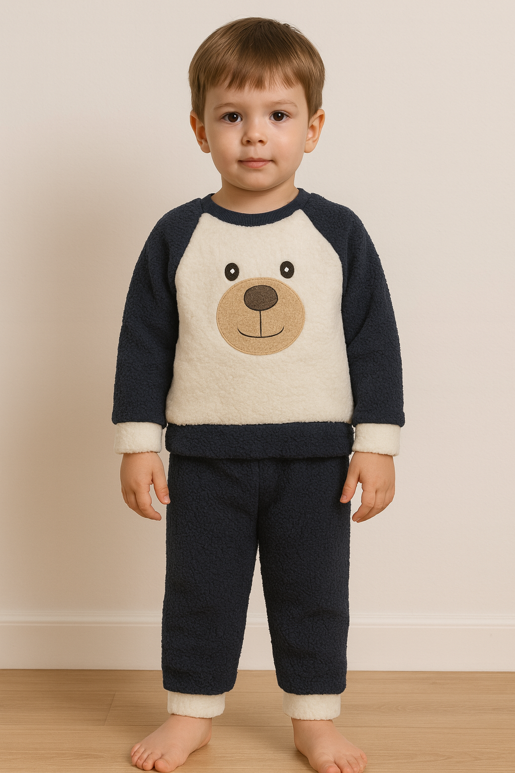 Ayıcık Nakışlı Bebek&Çocuk Kışlık Peluş Welsoft Alt Üst Takım-Lacivert