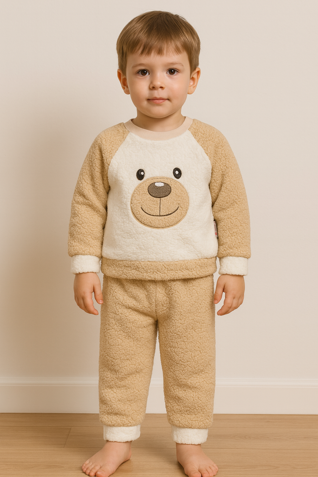 Ayıcık Nakışlı Bebek&Çocuk Kışlık Peluş Welsoft Alt Üst Takım-Bej