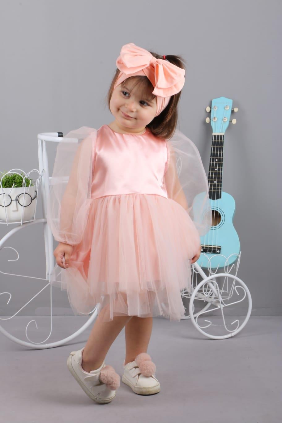 Bandanalı Tatlı Kız Elbisesi-Somon