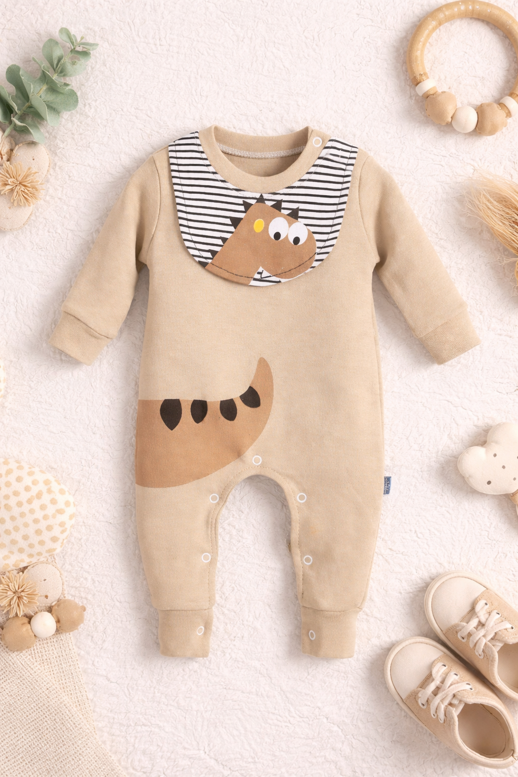 Dinazor Görselli ve Önlük Detaylı Bebek Tulum Bej