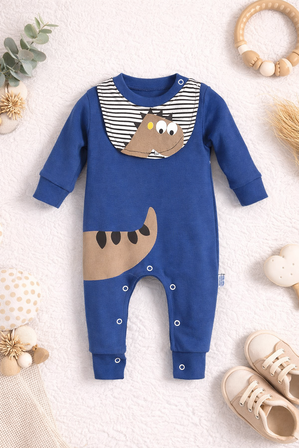 Dinazor Görselli ve Önlük Detaylı Bebek Tulum Mavi