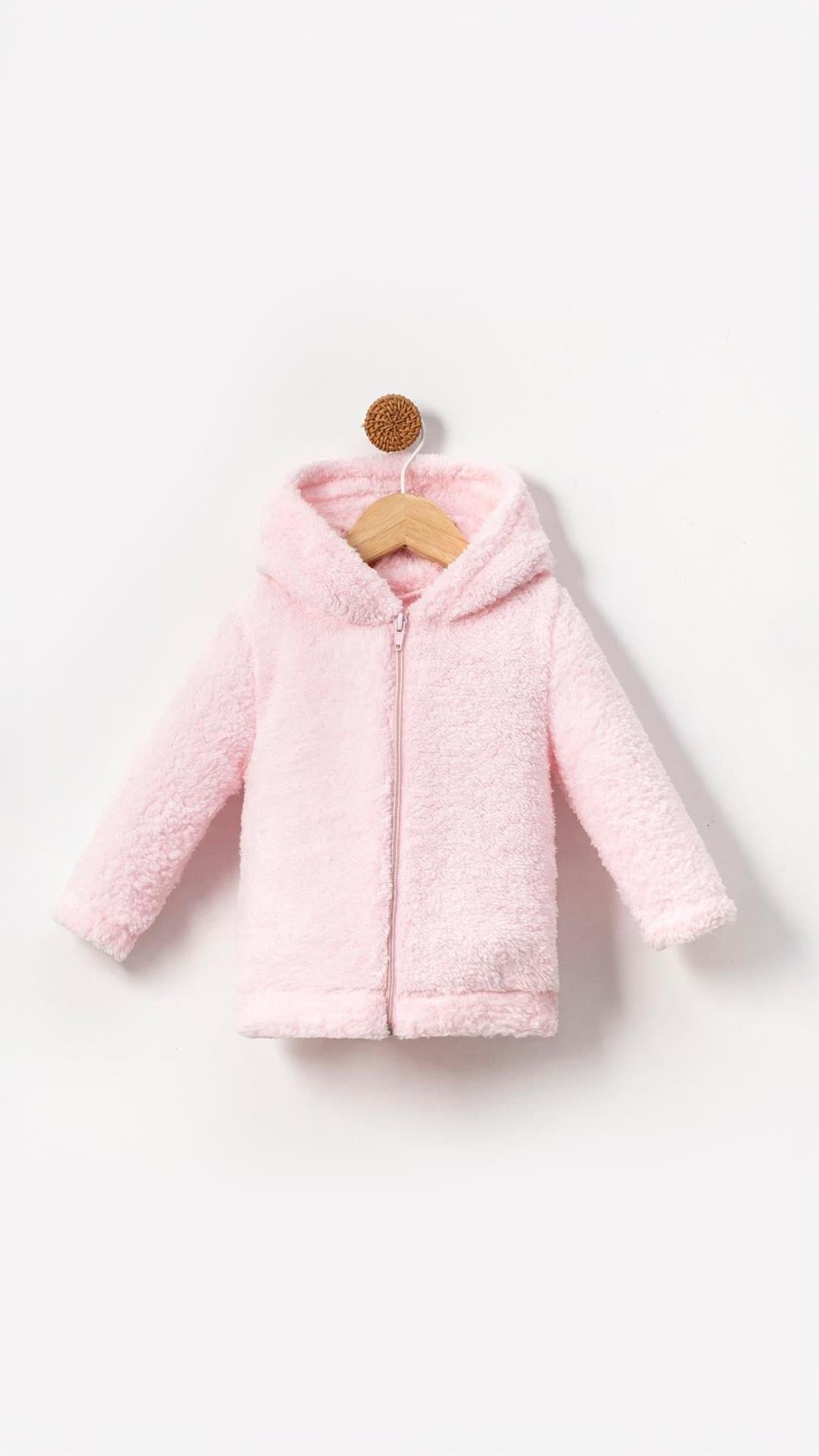 Fermuarlı Kapüşonlu Bebek Peluş Welsoft Kışlık Hırka-Pembe