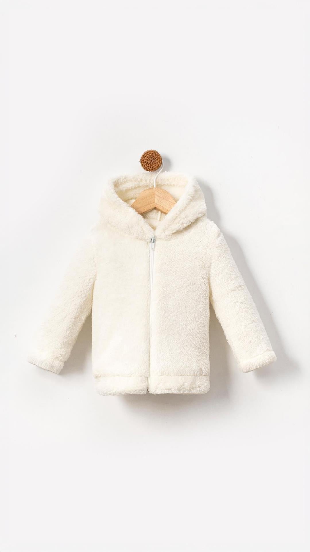Fermuarlı Kapüşonlu Bebek Peluş Welsoft Kışlık Hırka-Beyaz