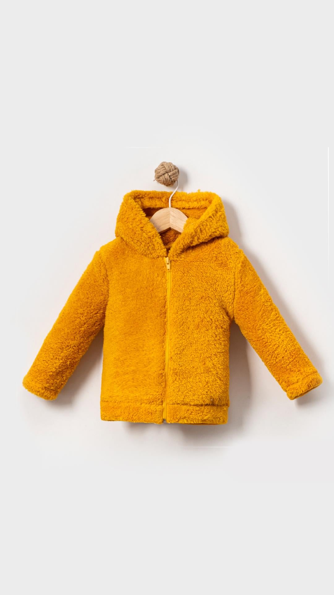 Fermuarlı Kapüşonlu Bebek Peluş Welsoft Kışlık Hırka-Hardal