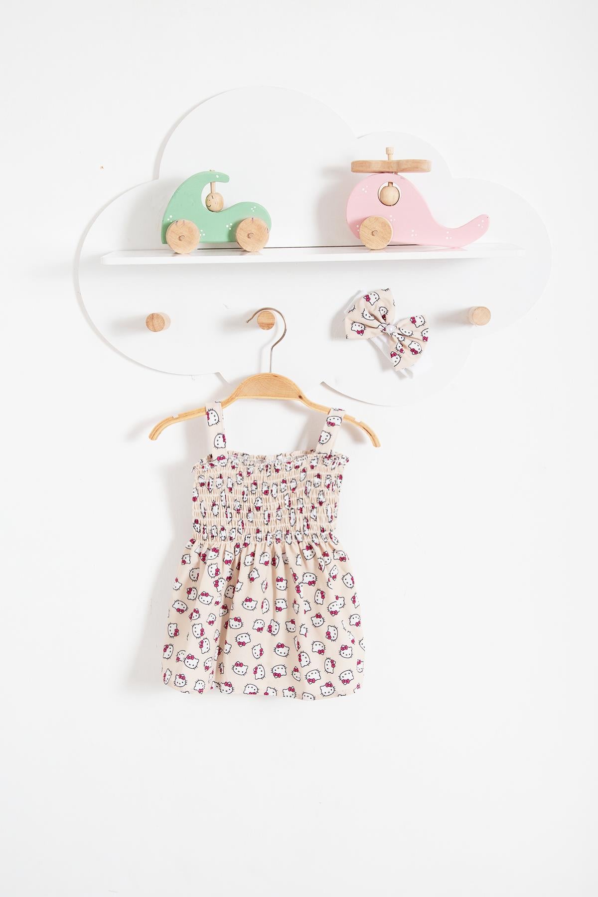 Hello Kitty Görselli Bandanalı Yazlık Bebek Elbise-Bej