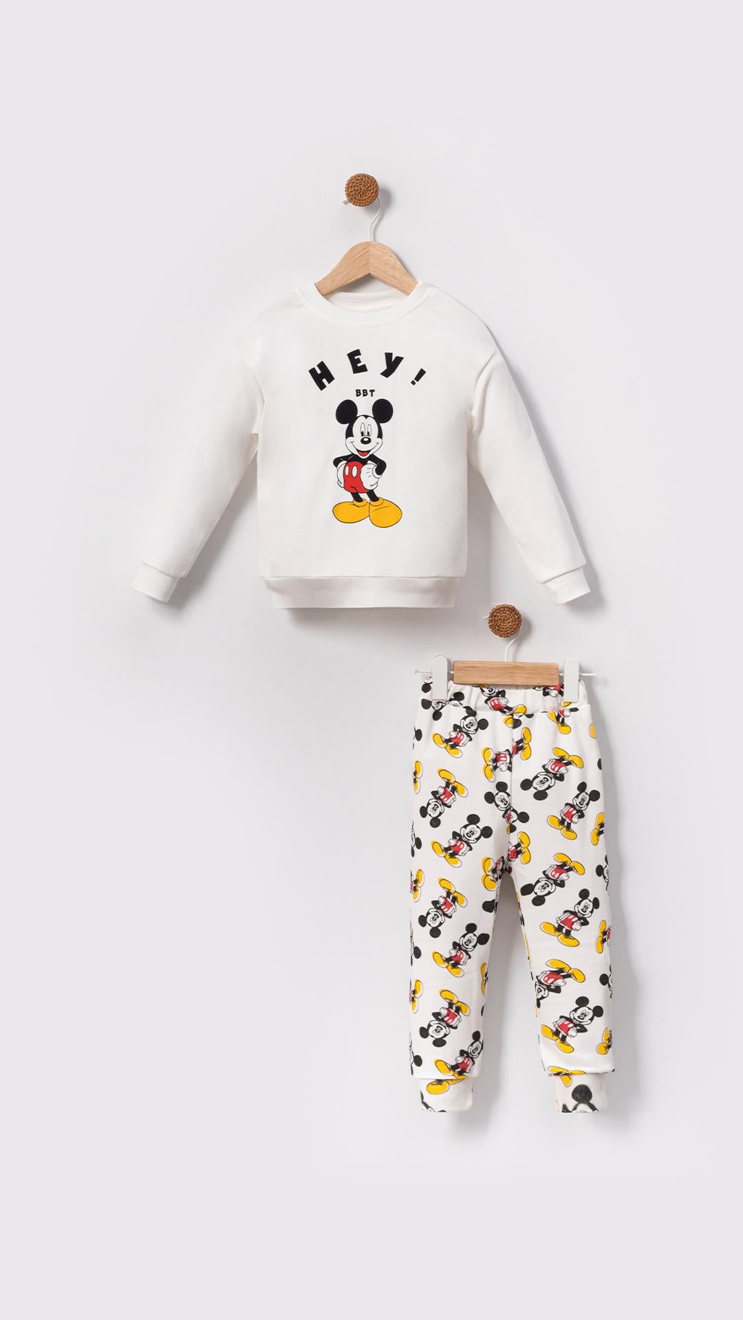 Hey BBT Mickey Mouse Baskılı Bebek&Çocuk Alt Üst Takım-Beyaz