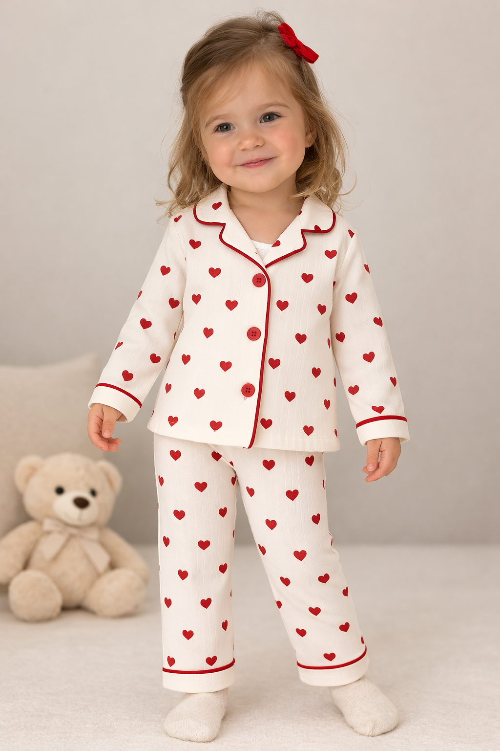 Kalpli Kız Bebek Alt Üst 2'li Pijama Takım- Kırmızı Beyaz