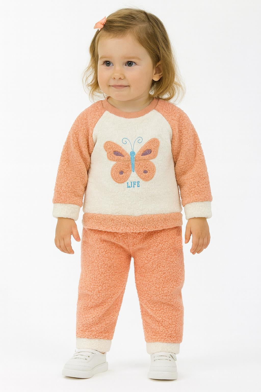 Kelebek Görselli Kışlık Peluş Welsoft Kız Bebek Çocuk 2'li Takım-Turuncu