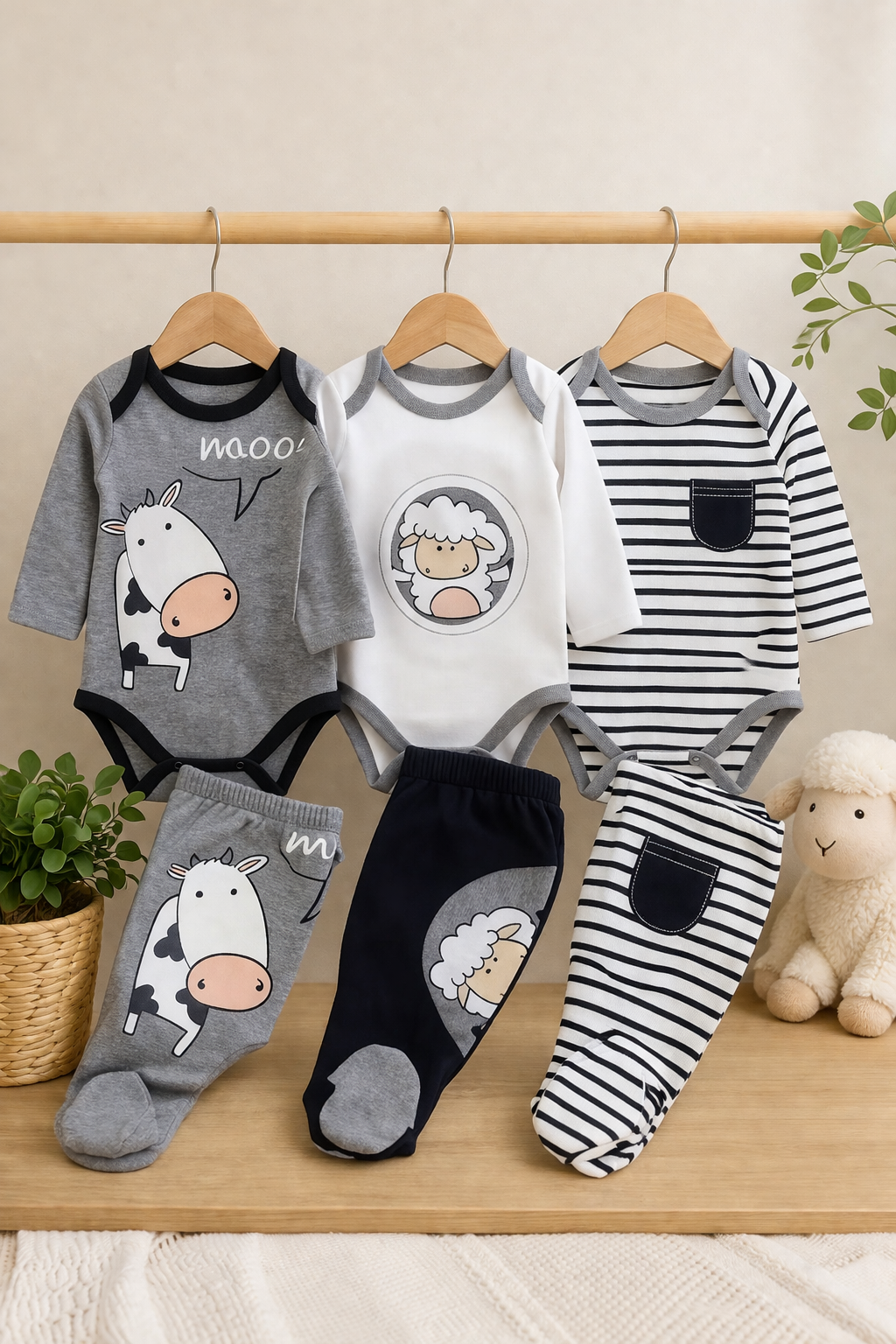 Kuzu ve İnek Desenli 3'lü Bebek Alt Üst Takım ÇOK RENKLİ