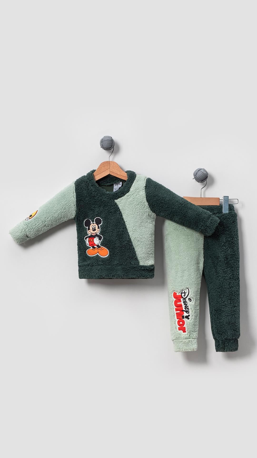 Mickey Mouse Görselli Kışlık Welsoft Bebek Çocuk Alt Üst Takım-Yeşil