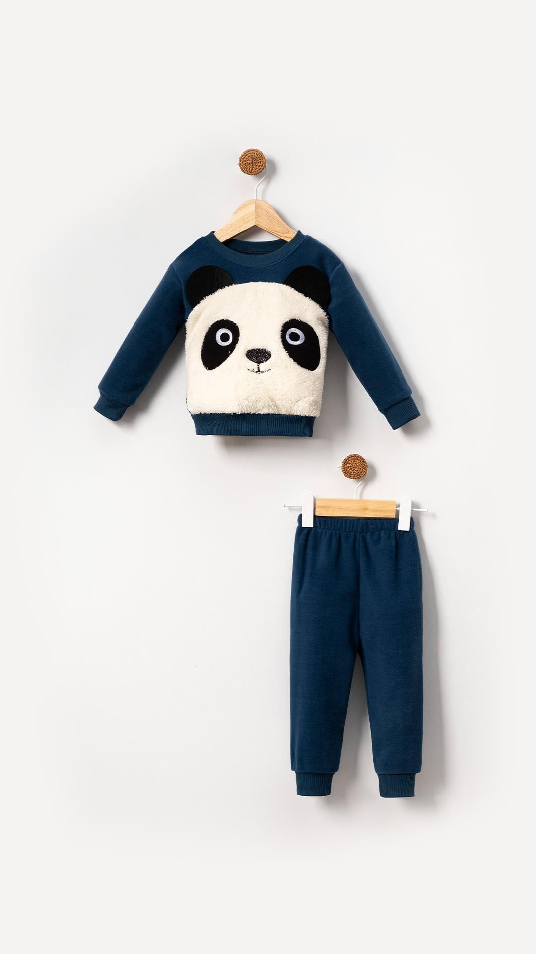 Panda Görselli Bebek & Çocuk Polar Kışlık Alt Üst Takım-İndigo