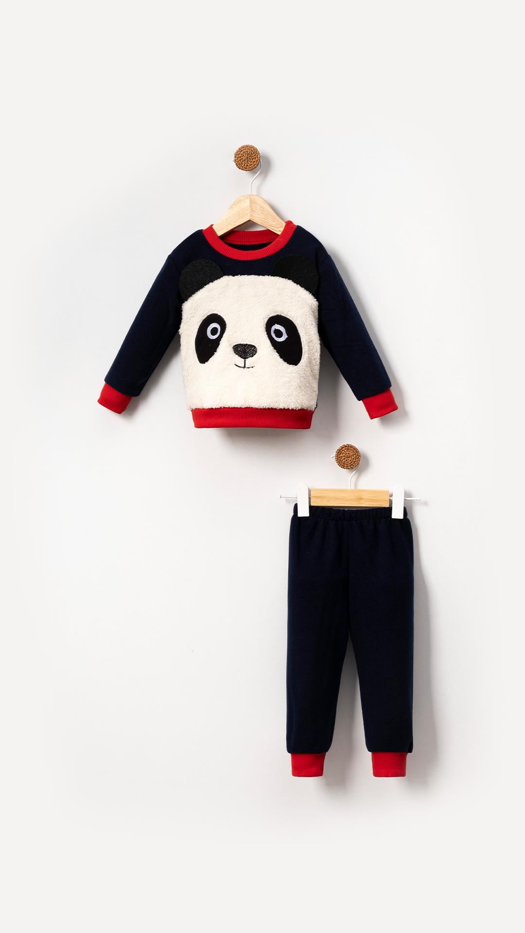 Panda Görselli Bebek & Çocuk Polar Kışlık Alt Üst Takım-Siyah