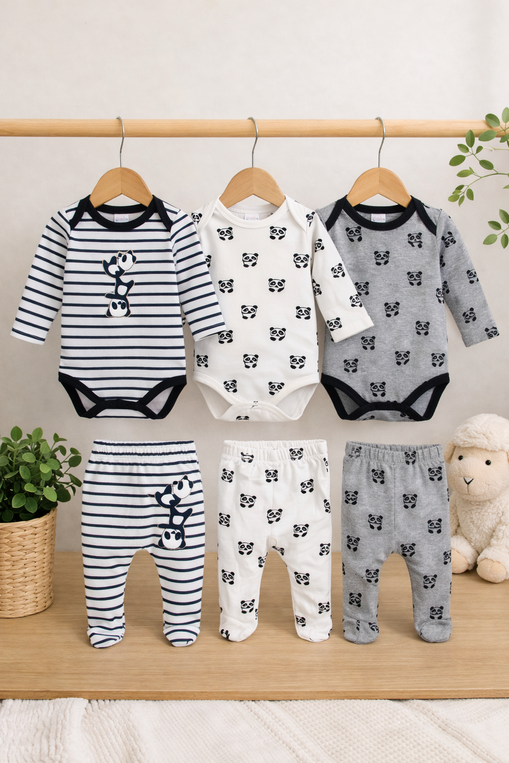 Sevimli Panda Desenli 6'lı Alt Üst Bebek Takım Gri Beyaz Çizgili
